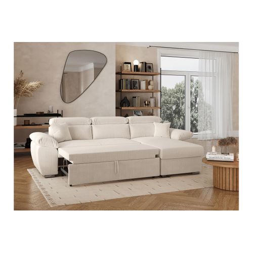 Canapé Komeco D'angle Reversible Convertible Avec Coffre Et Têtières En Velours Côtelé - Beige