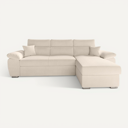 Canapé Komeco D'angle Reversible Convertible Avec Coffre Et Têtières En Velours Côtelé - Beige