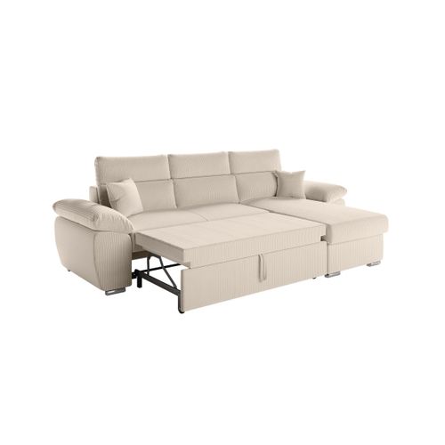 Canapé Komeco D'angle Reversible Convertible Avec Coffre Et Têtières En Velours Côtelé - Beige