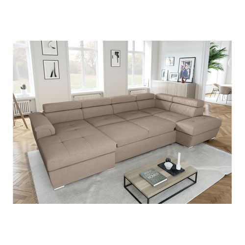 Canapé Panoramique 6 Places Paola Convertible Avec 2 Coffres En Velours Côtelé - Taupe