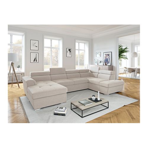 Canapé Panoramique Convertible Avec 2 Coffres Paola En Tissu - Beige