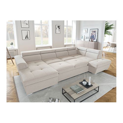 Canapé Panoramique Convertible Avec 2 Coffres Paola En Tissu - Beige