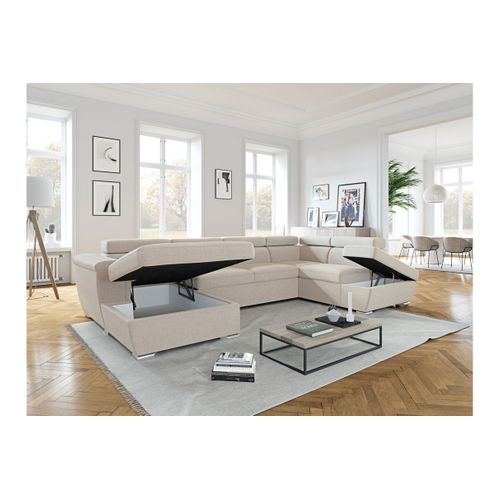 Canapé Panoramique Convertible Avec 2 Coffres Paola En Tissu - Beige