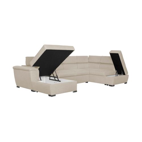 Canapé Panoramique Convertible Avec 2 Coffres Paola En Tissu - Beige