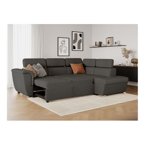 Canapé D'angle Droit Convertible 4 Places Paola Avec Coffre En Tissu - Gris Foncé