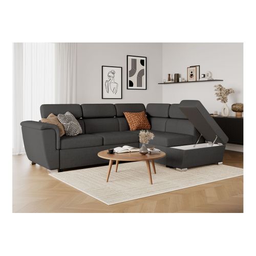 Canapé D'angle Droit Convertible 4 Places Paola Avec Coffre En Tissu - Gris Foncé