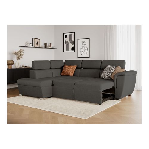 Canapé D'angle Gauche Convertible 4 Places Paola Avec Coffre En Tissu - Gris Foncé
