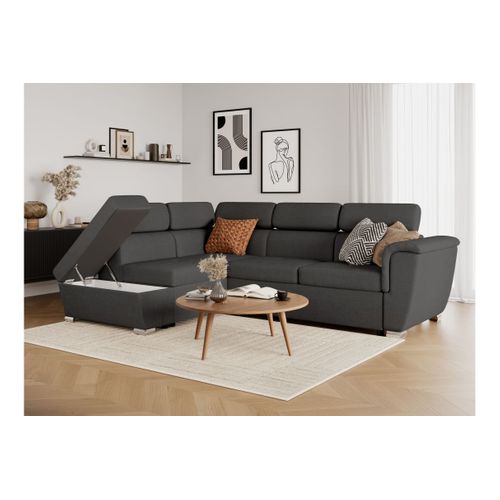 Canapé D'angle Gauche Convertible 4 Places Paola Avec Coffre En Tissu - Gris Foncé