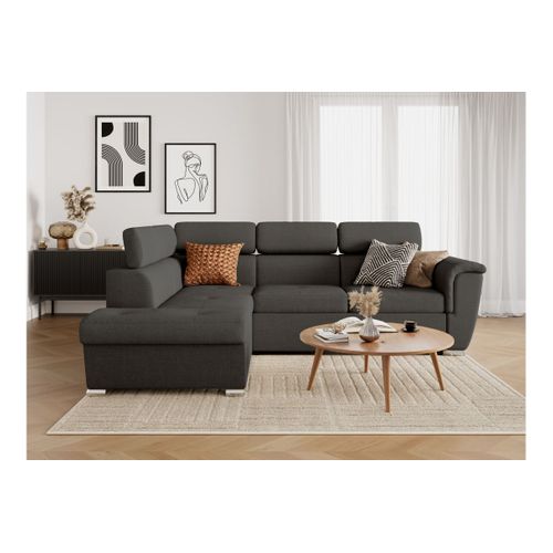 Canapé D'angle Gauche Convertible 4 Places Paola Avec Coffre En Tissu - Gris Foncé