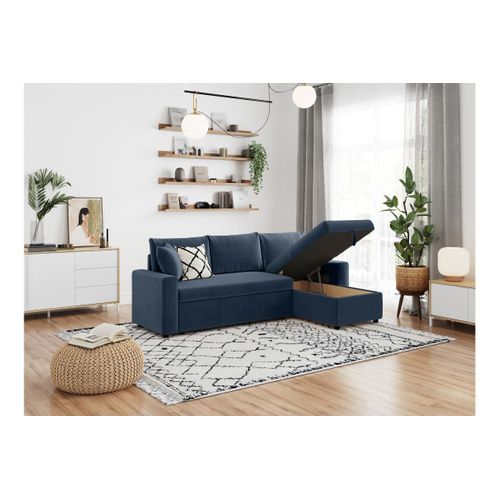 Canapé D'angle 3 Places Maria Réversible, Convertible Avec Coffre En Velours Côtelé- Bleu Foncé