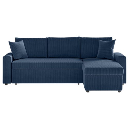 Canapé D'angle 3 Places Maria Réversible, Convertible Avec Coffre En Velours Côtelé- Bleu Foncé
