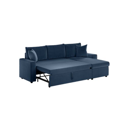 Canapé D'angle 3 Places Maria Réversible, Convertible Avec Coffre En Velours Côtelé- Bleu Foncé