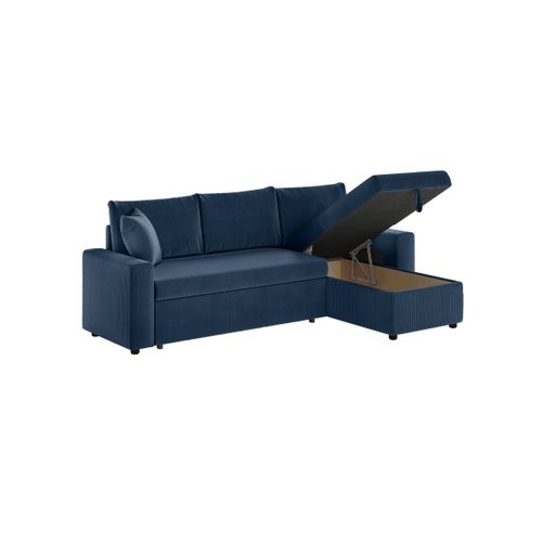Canapé D'angle 3 Places Maria Réversible, Convertible Avec Coffre En Velours Côtelé- Bleu Foncé