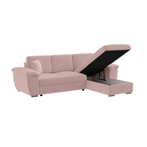 Canapé D'angle Albert Réversible Convertible 4 Places Avec Coffre En Velours Côtelé - Rose