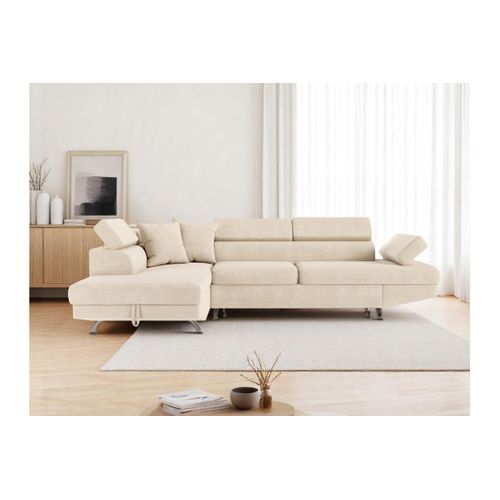Canapé D'angle Gauche Convertible Rio 5 Places Avec Coffre De Rangement En Velours Côtelé - Beige