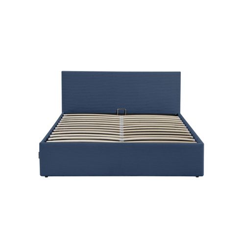 Cadre De Lit Edgar Avec Coffre De Rangement Et Tête De Lit En Velours Côtelé Bleu Foncé - 180x200cm