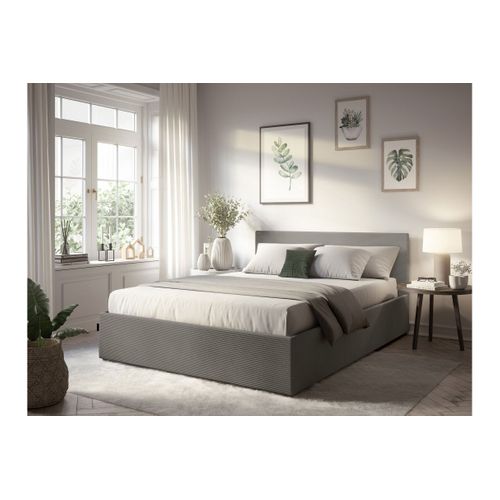 Cadre De Lit Edgar Avec Coffre De Rangement Et Tête De Lit En Velours Côtelé Gris - 160x200cm
