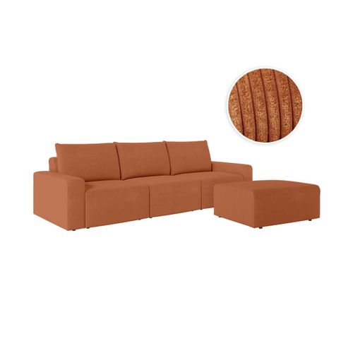 Pack - Canapé Droit Fixe 3 Places Romane Avec Pouf En Velours Côtelé - Terracotta