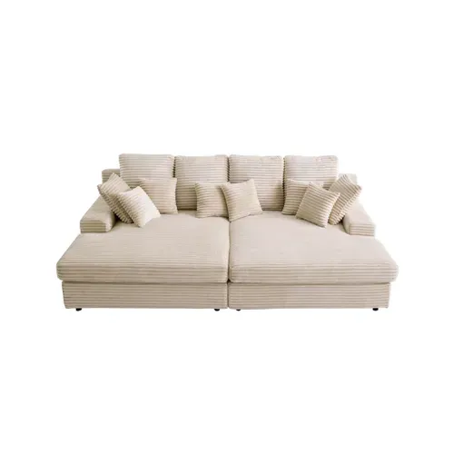 Canapé Droit 4 Places Fluffy Avec Double Méridienne Et Assise Profonde En Velours Côtelé - Beige