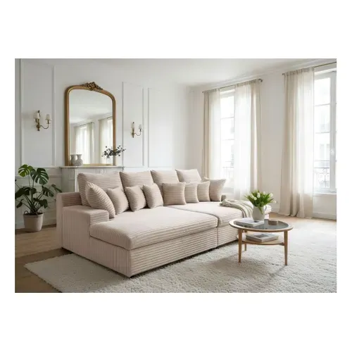 Canapé Droit 4 Places Fluffy Avec Double Méridienne Et Assise Profonde En Velours Côtelé - Beige