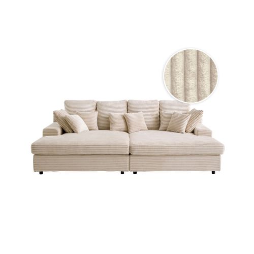 Canapé Droit 4 Places Fluffy Avec Double Méridienne Et Assise Profonde En Velours Côtelé - Beige