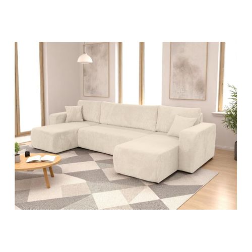 Canapé D'angle Alya Panoramique Convertible 6 Places En Velours Cotelé - Beige