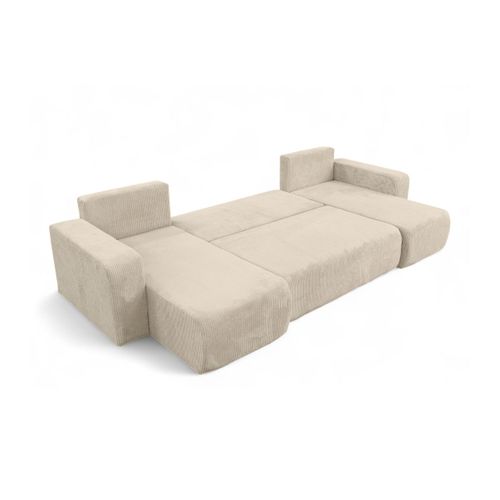 Canapé D'angle Alya Panoramique Convertible 6 Places En Velours Cotelé - Beige