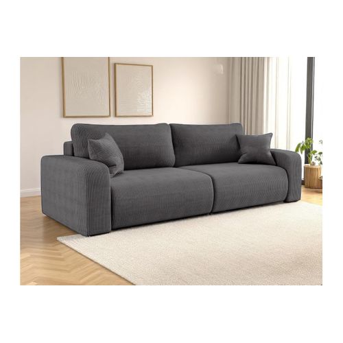 Canapé Droit 3 Places Alya Convertible En Velours Côtelé - Gris