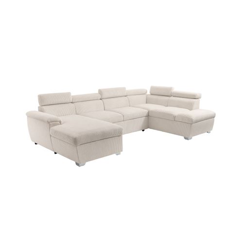 Canapé Panoramique Paola 6 Places Convertible Avec 2 Coffres En Velours Côtelé Beige