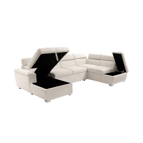 Canapé Panoramique Paola 6 Places Convertible Avec 2 Coffres En Velours Côtelé Beige