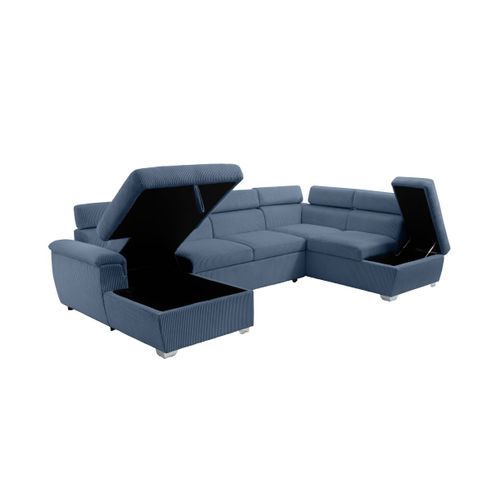 Canapé Panoramique Paola 6 Places Convertible Avec 2 Coffres En Velours Côtelé Bleu