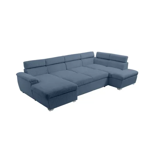 Canapé Panoramique Paola 6 Places Convertible Avec 2 Coffres En Velours Côtelé Bleu