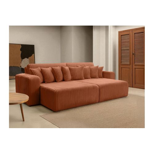 Canapé Droit 4 Places Jade Double Méridienne Et Assise Profonde En Velours Côtelé Épais - Terracotta