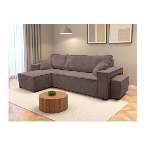 Canapé Farah D'angle Réversible Et Convertible 4 Places Avec Un Pouf En Velours Côtelé Marron Glacé
