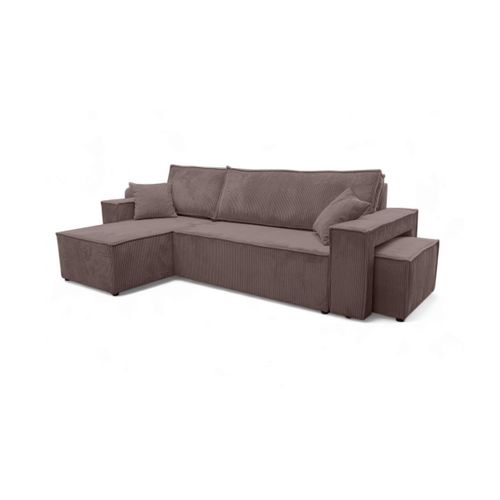 Canapé Farah D'angle Réversible Et Convertible 4 Places Avec Un Pouf En Velours Côtelé Marron Glacé