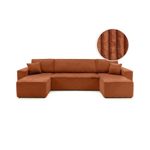 Canapé D'angle Panoramique Convertible 6 Places Farah En Velours Cotelé épais - Terracotta