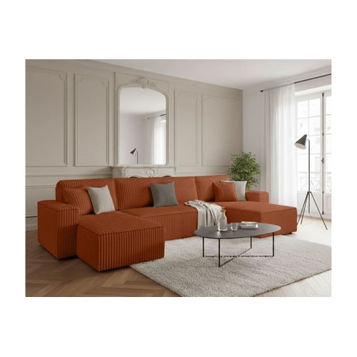 Canapé D'angle Panoramique Convertible 6 Places Farah En Velours Cotelé épais - Terracotta