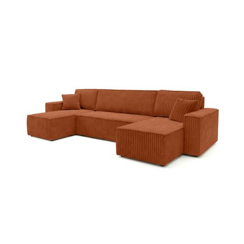 Canapé D'angle Panoramique Convertible 6 Places Farah En Velours Cotelé épais - Terracotta