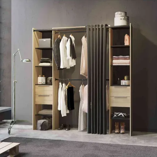 Dressing Ouvert Avec Rideau, Extensible En Bois Imitation Chêne