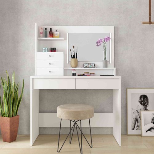 Coiffeuse 3 Tiroirs Avec Miroir Effet Bois, Blanc