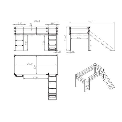 Lit Mi Hauteur Enfant Avec Toboggan En Bois Massif Gris 90x200