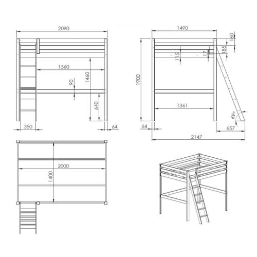 Lit Mezzanine En Bois Massif Gris 140x200