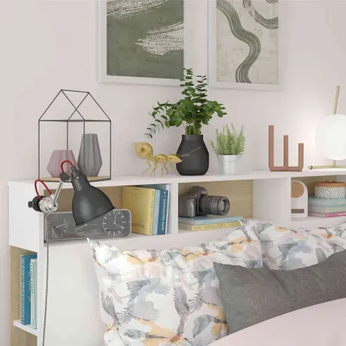 Tête De Lit Avec Niches De Rangement En Bois Blanc Et Imitation Chêne 160 Cm