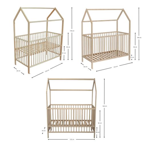 Lit Cabane évolutif En Bois Massif Bois Clair 60x120