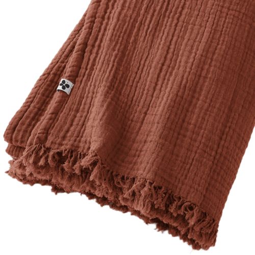 Plaid Gaze De Coton à Franges Orange Terracotta 130x160 Cm