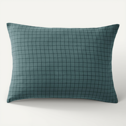 Taie D'oreiller à Carreaux Double Gaze De Coton Bleu Canard 50x70