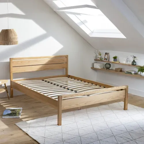 Lit Avec Tête De Lit Intégrée En Mdf Plaquage Chêne Et Pieds En Bois Massif 160x200 - Lt17013