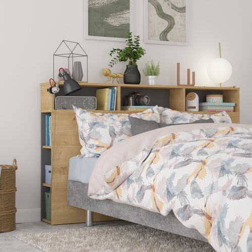 Tête De Lit Avec Niches De Rangement En Bois Clair Et Gris 160 Cm