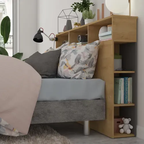 Tête De Lit Avec Niches De Rangement En Bois Clair Et Gris 160 Cm