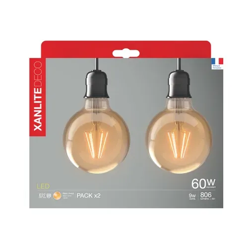 Lot 2 ampoules LED Globe E27 XANLITE DECO Verre ambré